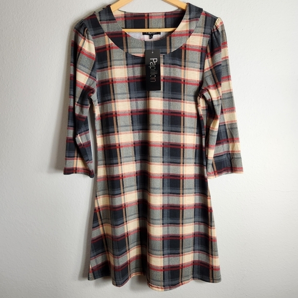 Papillon Gray Plaid 3/4 Sleeve Knit Dress-Size M (NWT) - Picture 1 of 5